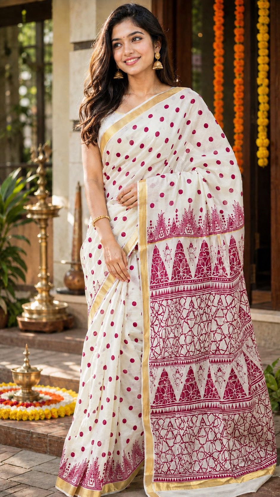 KERALA SAREE WITH POLKA DOTS- SKPRIN005
