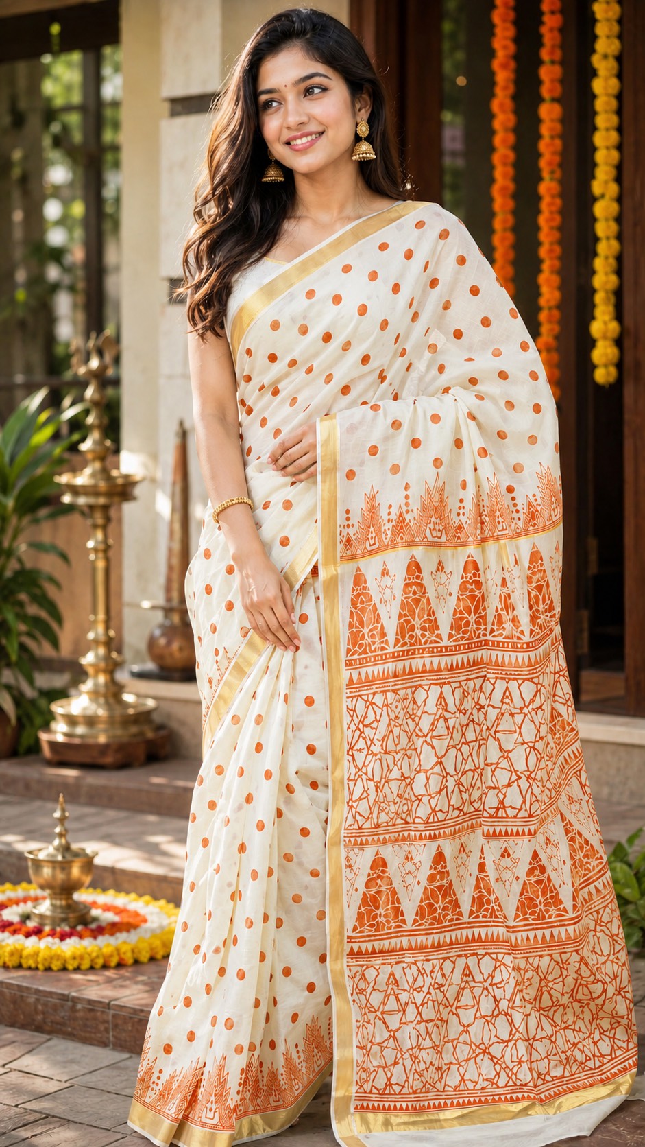 KERALA SAREE WITH POLKA DOTS- SKPRIN005