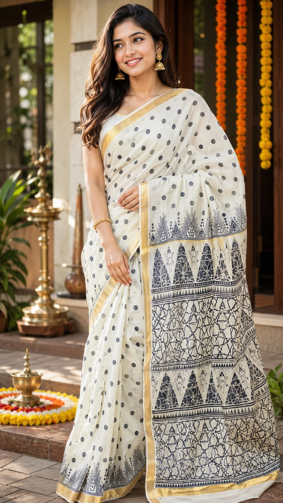 KERALA SAREE WITH POLKA DOTS- SKPRIN005
